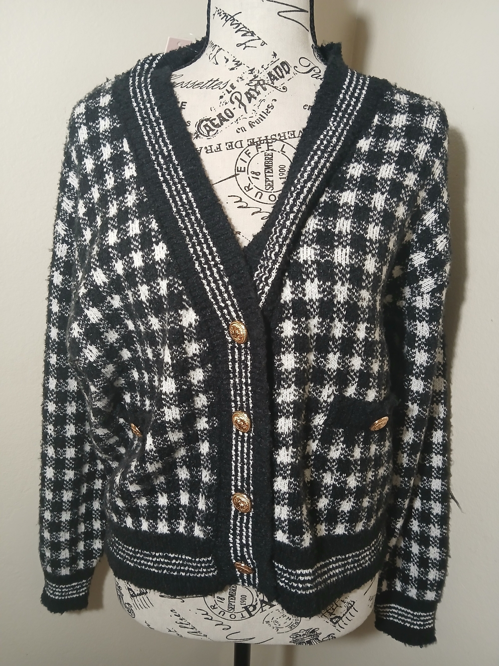 Aqua Black & White Houndstooth Cardigan with Gold Buttons